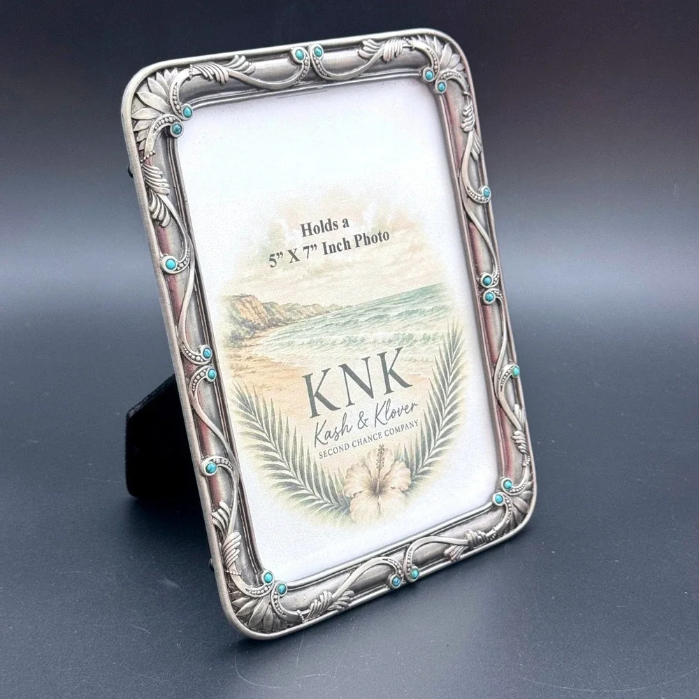 Ornate Turquoise Beaded Silver Tone Photo Frame 5x7 Vintage Style Tabletop Decor